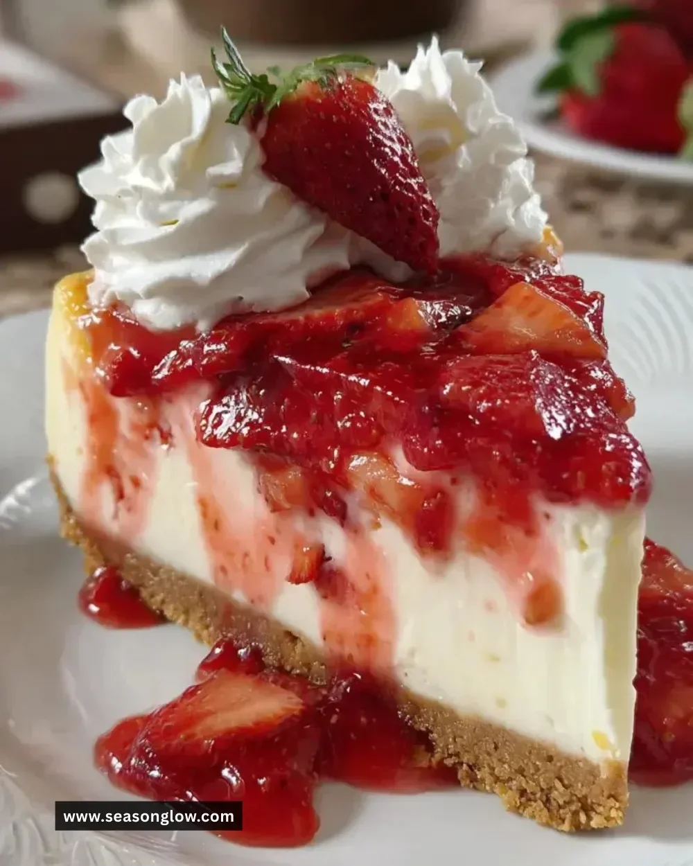 Strawberries cream cheesecake swirled dessert topped with fresh strawberries
