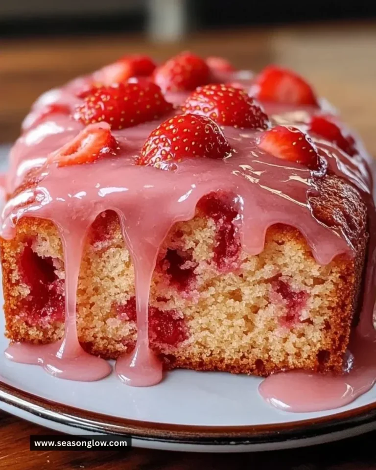 Strawberry pound cake with a fresh strawberry glaze drizzled on top.