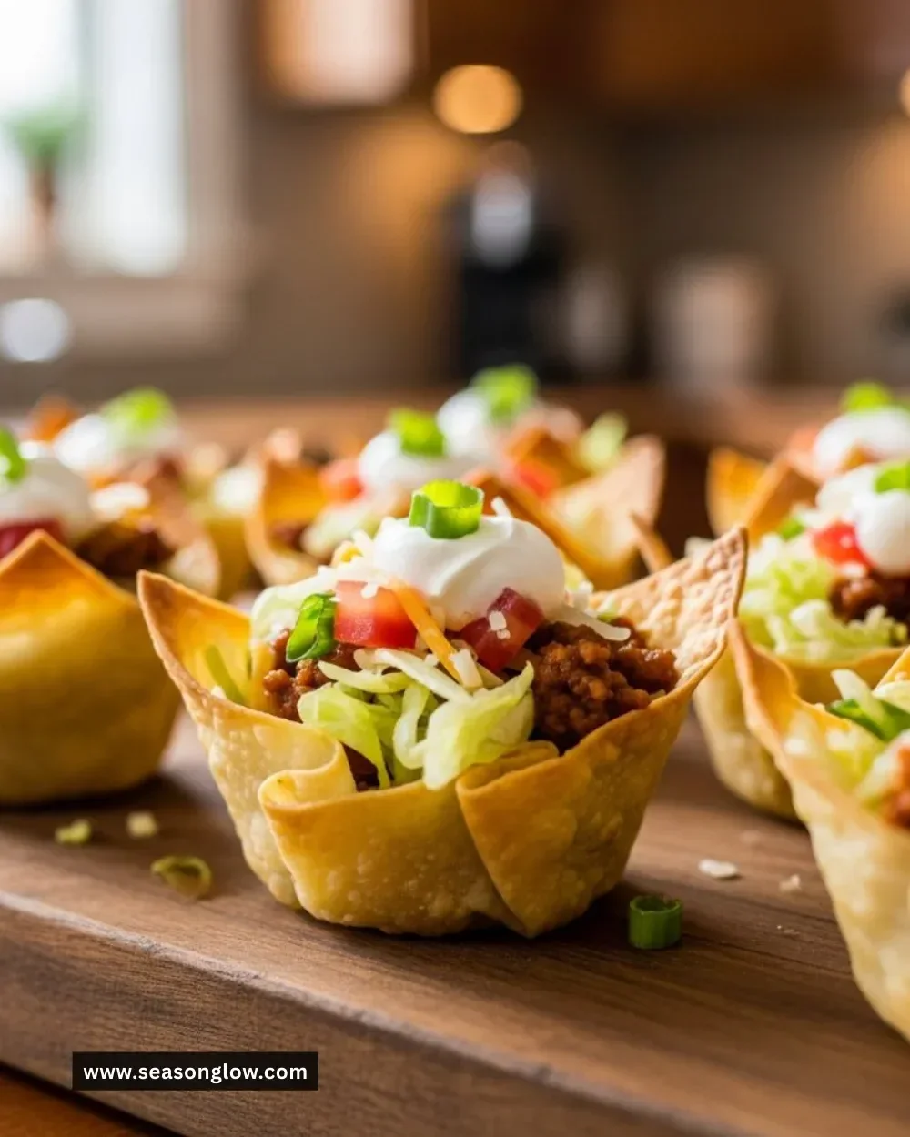 Crispy Taco Wonton Cups filled with seasoned meat and fresh toppings
