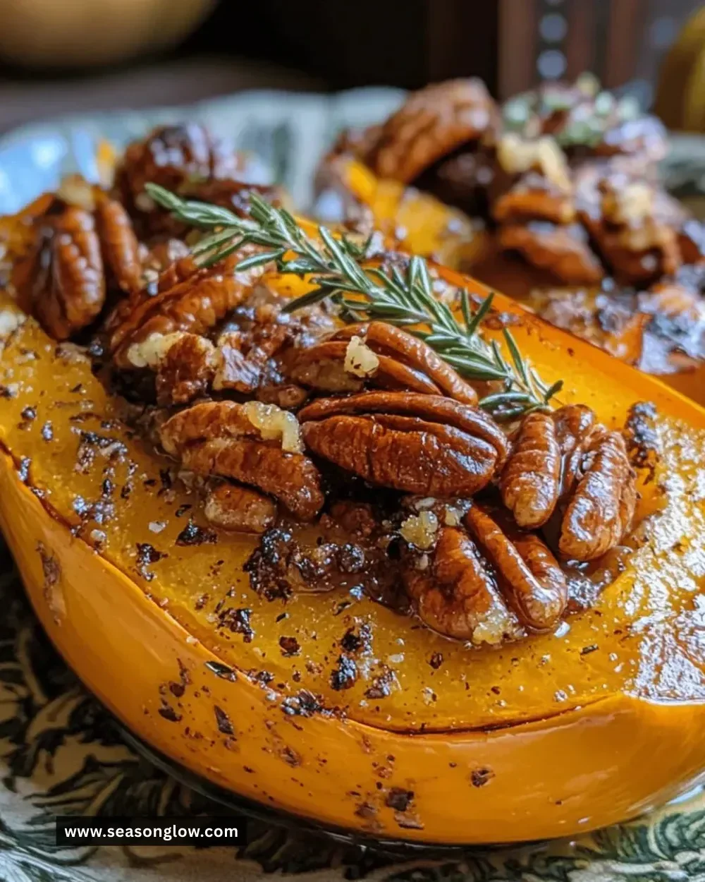 Delicious Thanksgiving Maple Pecan Roast Butternut Squash dish with pecans
