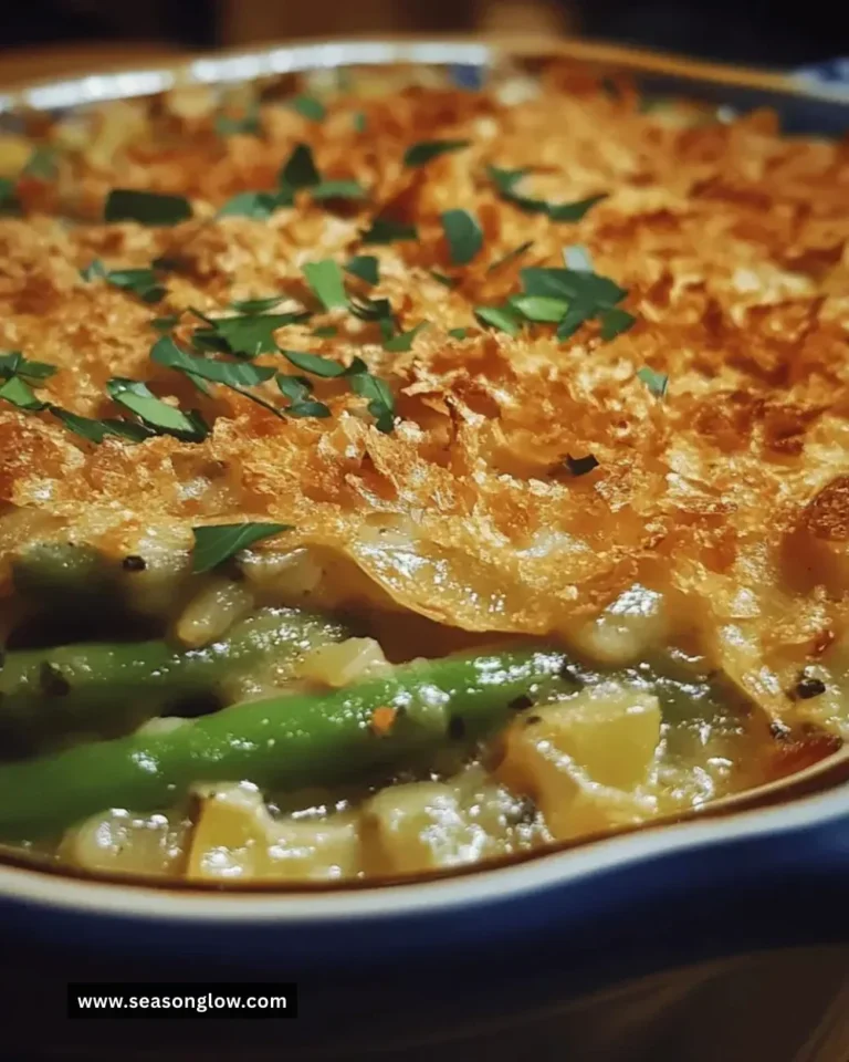 Herb and garlic green bean casserole served in a baking dish for Thanksgiving