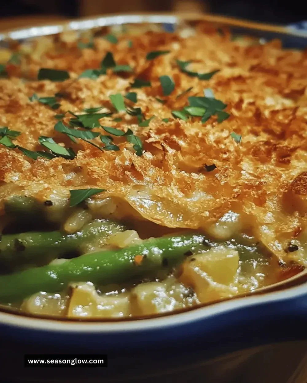 Herb and garlic green bean casserole served in a baking dish for Thanksgiving