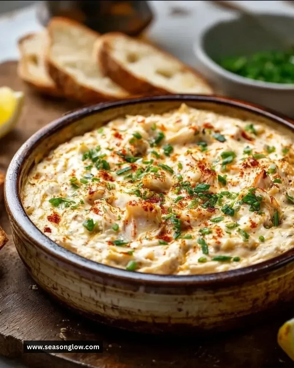 Delicious creamy crab dip served in a bowl with crackers and herbs