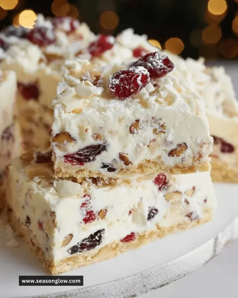 Delicious homemade White Christmas Slice on a festive plate.