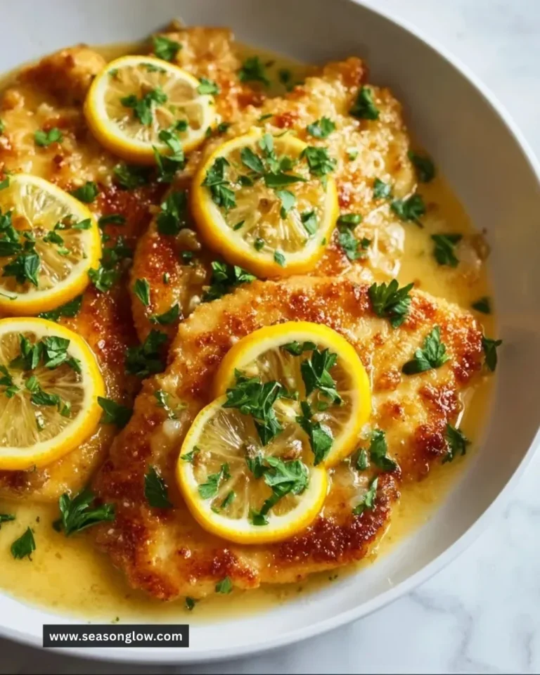 Delicious Chicken Francese served with lemon and parsley on a plate.