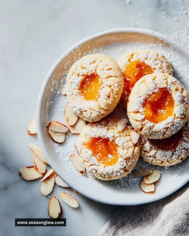 Delicious homemade Apricot Almond Thumbprint Cookies on a plate