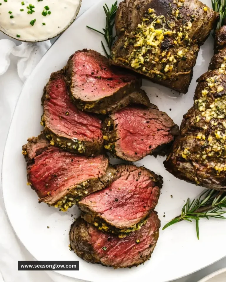 Perfectly cooked beef tenderloin roast served with herbs and vegetables
