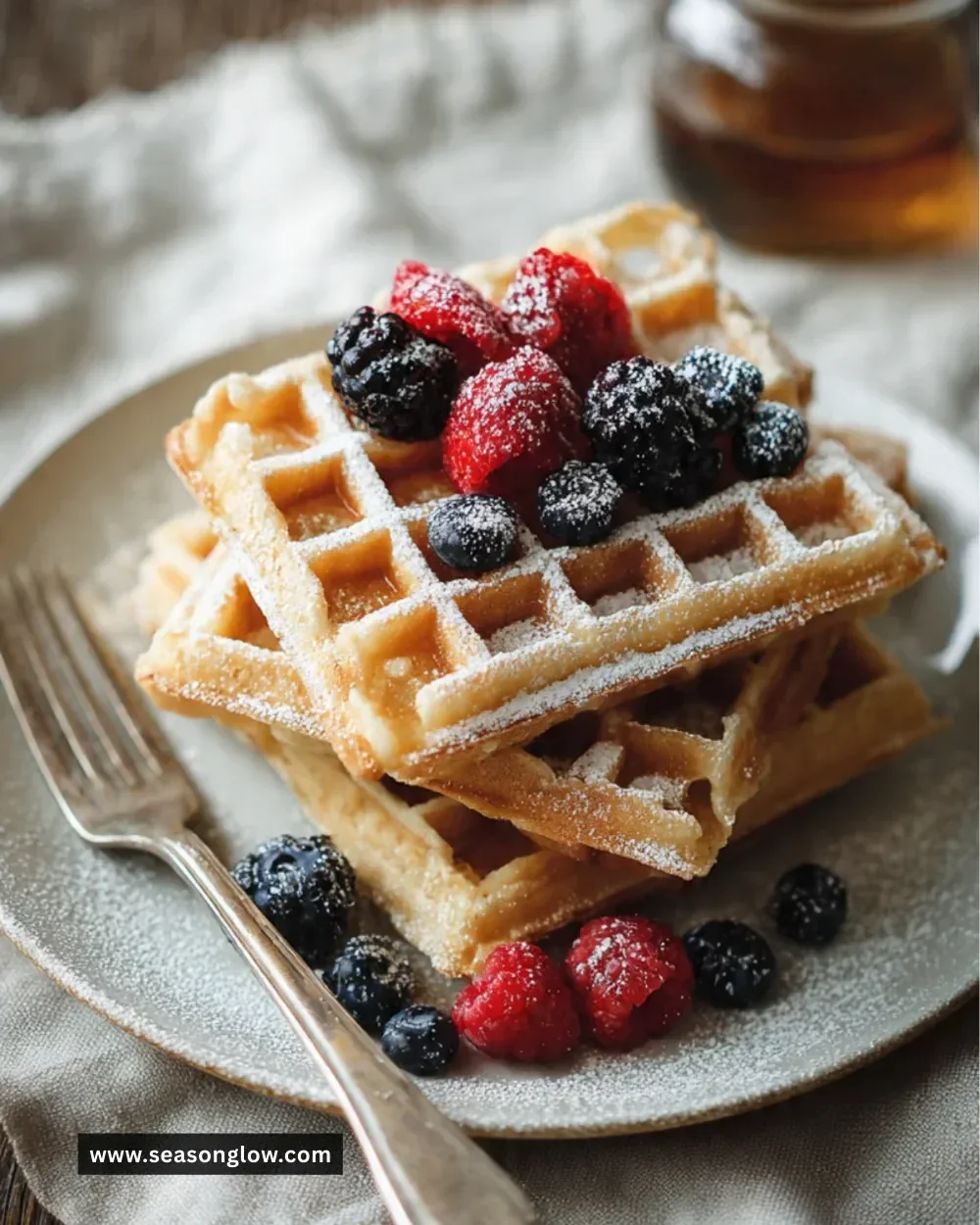 Golden brown Belgian Waffles stacked with syrup and berries