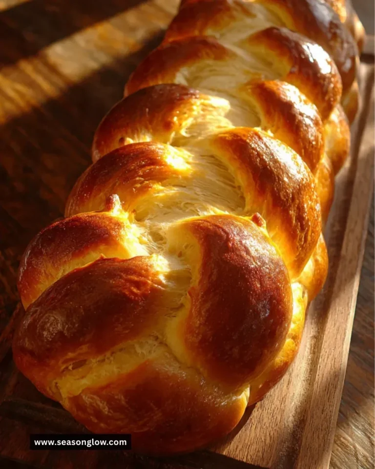 Freshly baked challah bread on a wooden board with a golden crust