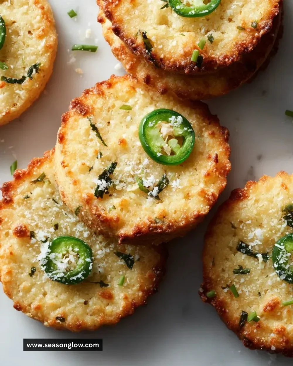 Cheesy jalapeño shortbread cookies on a plate, garnished with fresh herbs.