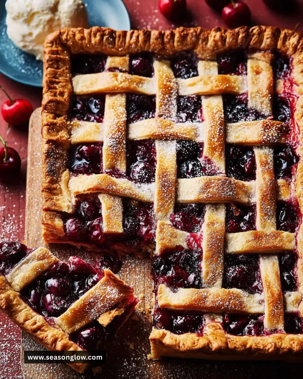 Delicious Cherry Slab Pie with soured cream and flaky crust