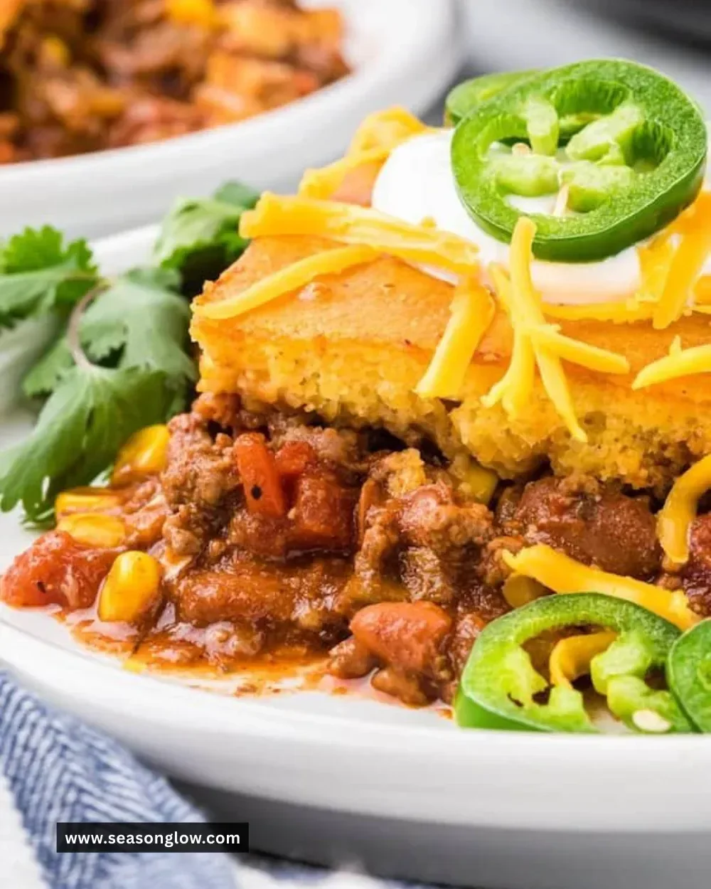 Delicious Chili Cornbread Casserole topped with golden cornbread crust