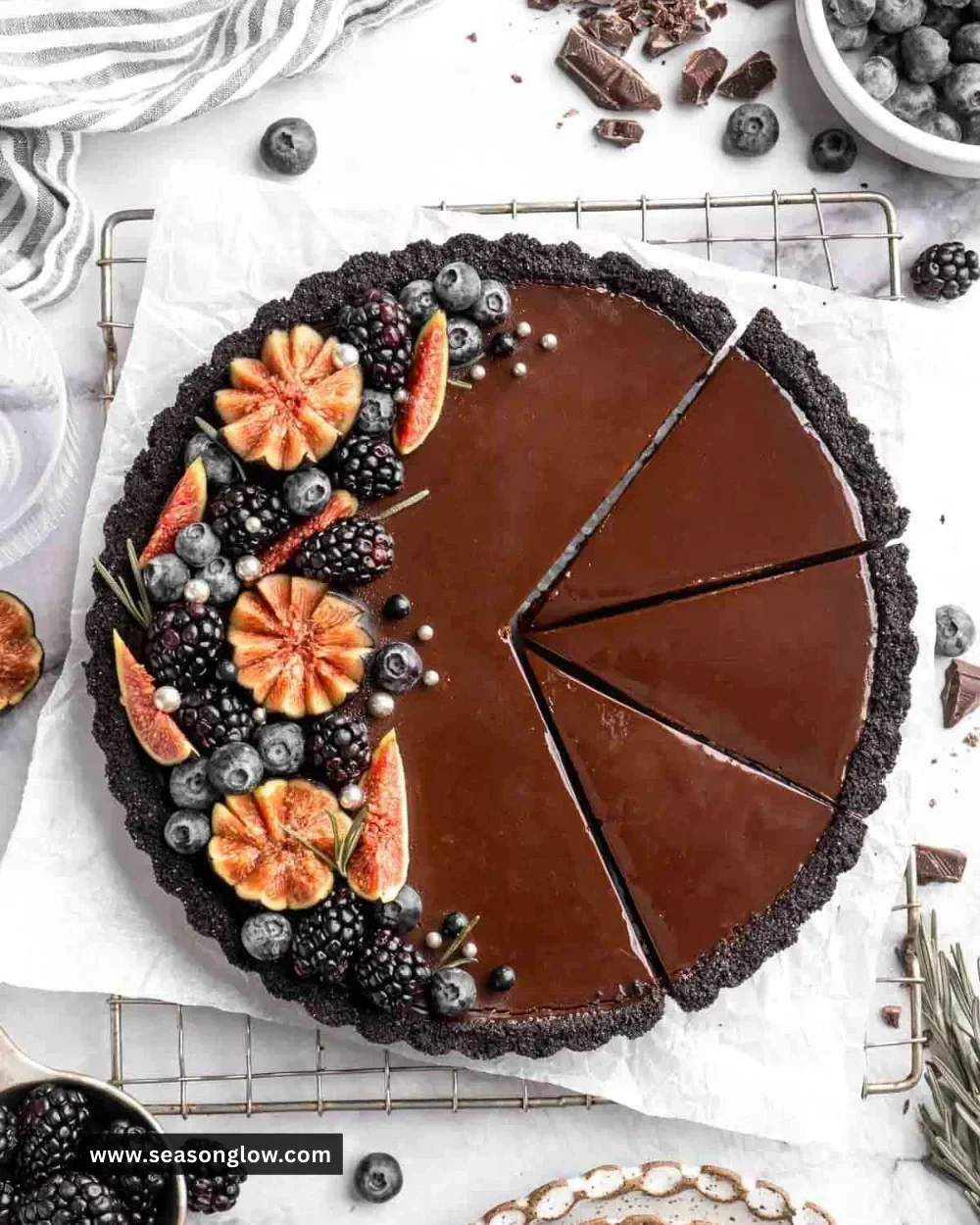 Decadent chocolate tart with a glossy finish and rich filling