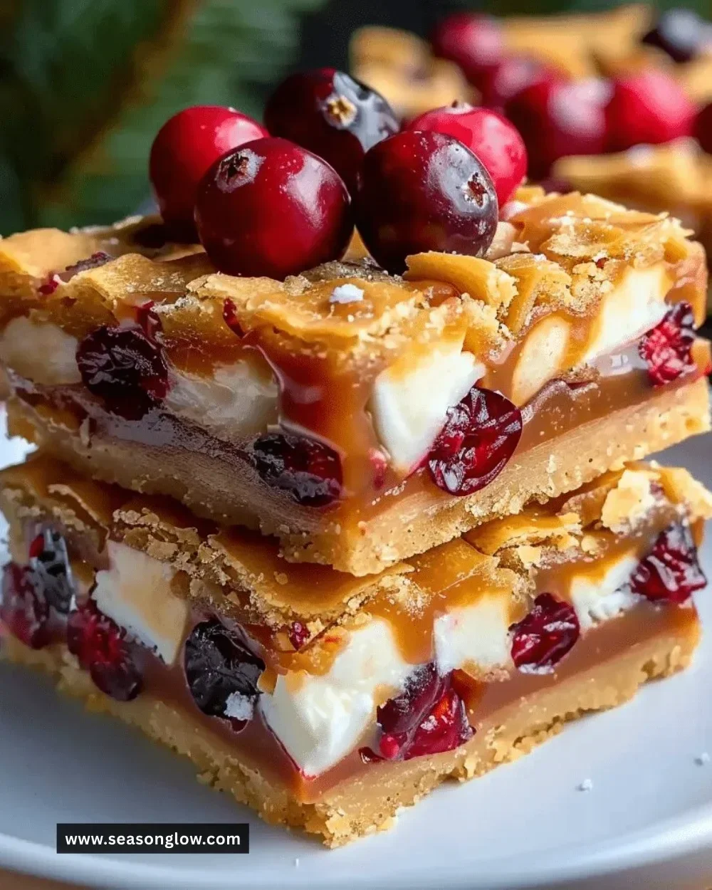Delicious homemade Christmas Bars decorated with festive holiday toppings.
