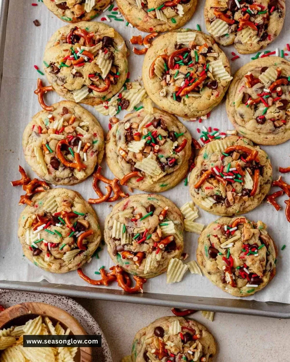 Delicious Christmas Kitchen Sink Cookies filled with chocolate and festive toppings.
