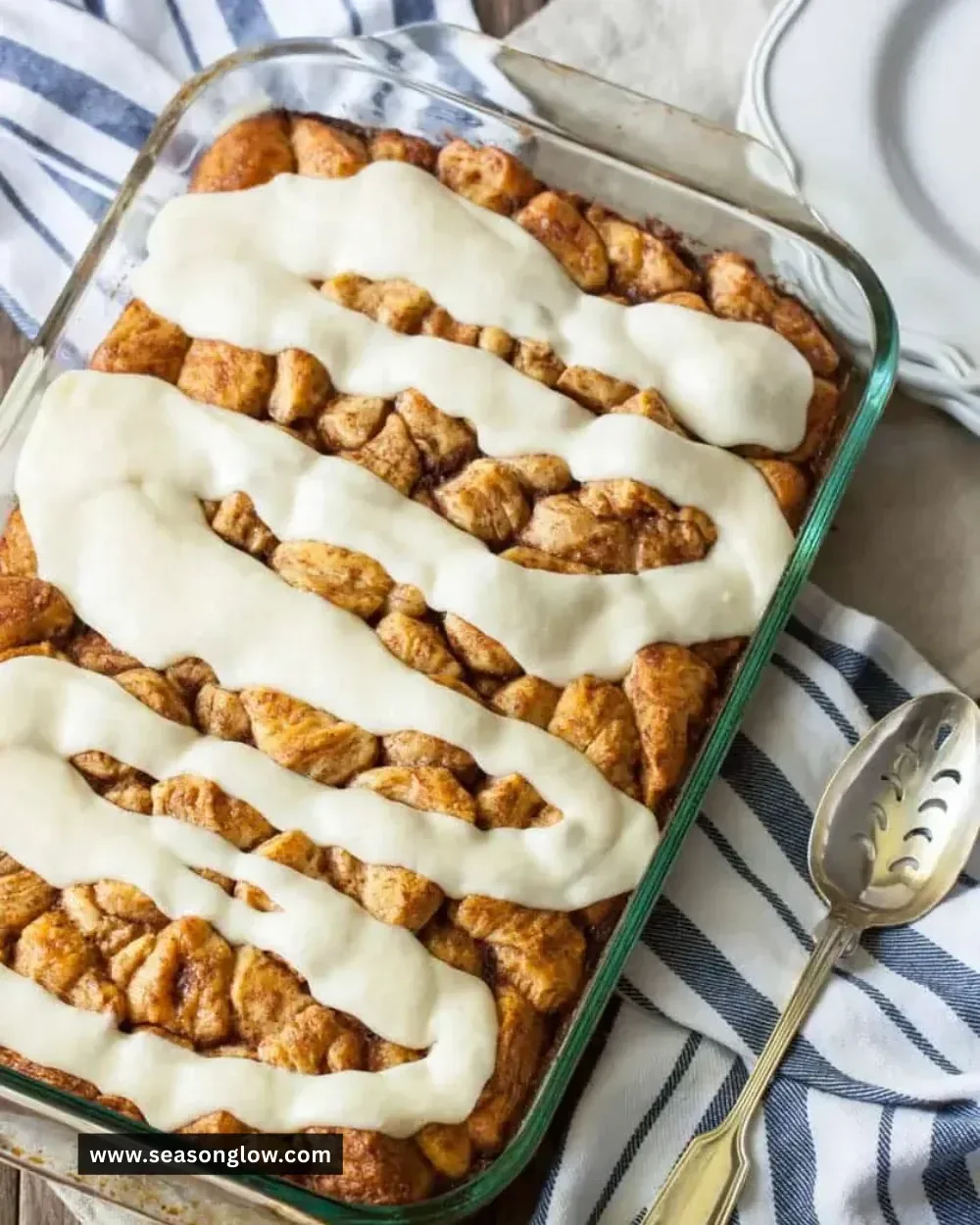 Delicious cinnamon roll casserole baked with icing on top