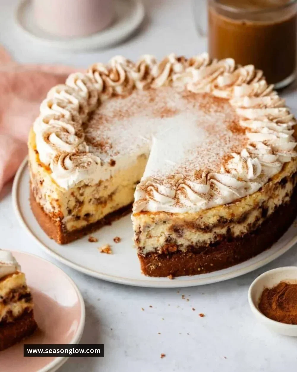 Delicious Cinnamon Swirl Cheesecake with a creamy texture and cinnamon topping.