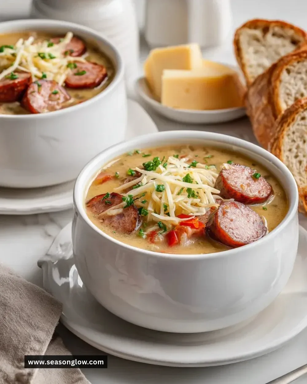 Cozy crockpot potato soup with sausage in a bowl garnished with herbs.
