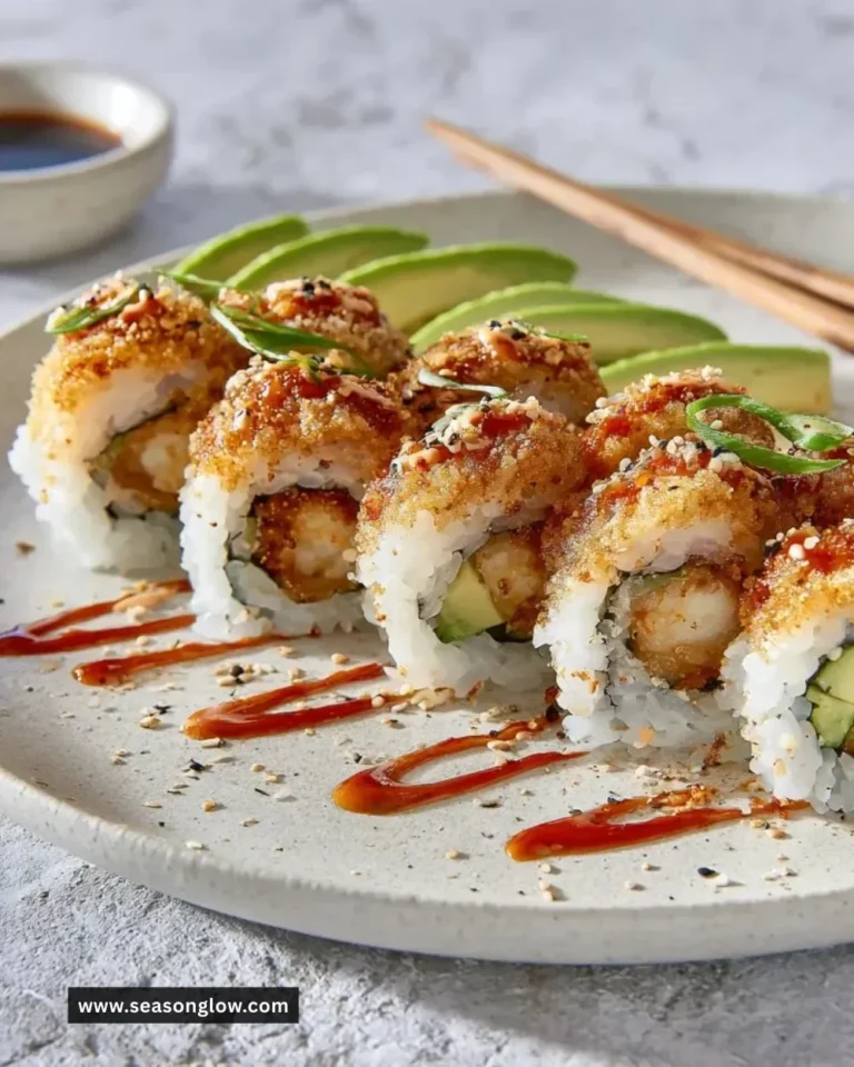Crispy shrimp tempura sushi roll garnished with avocado and sesame seeds