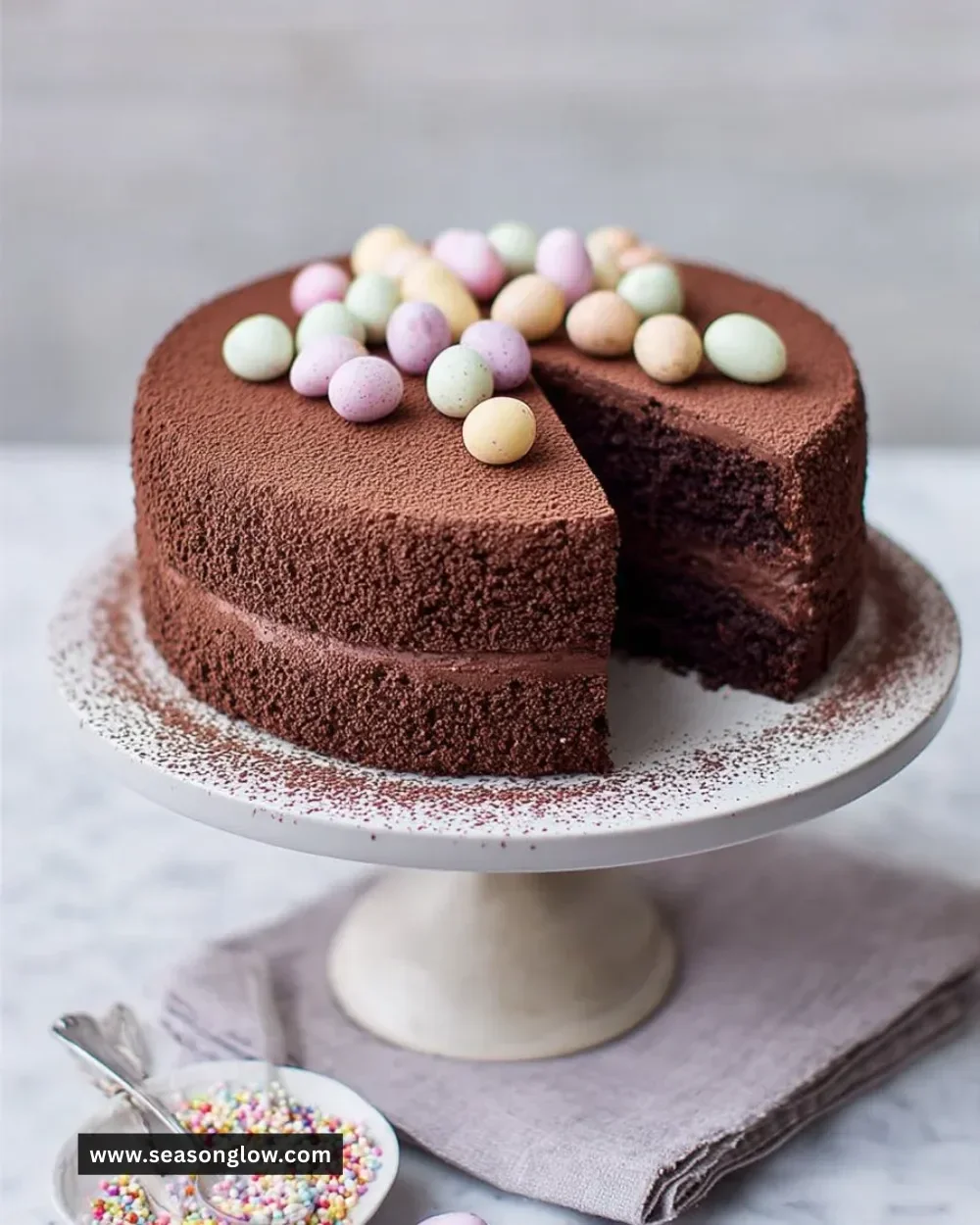 Easter Chocolate Truffle Cake with decorative chocolate shavings and Easter-themed decor