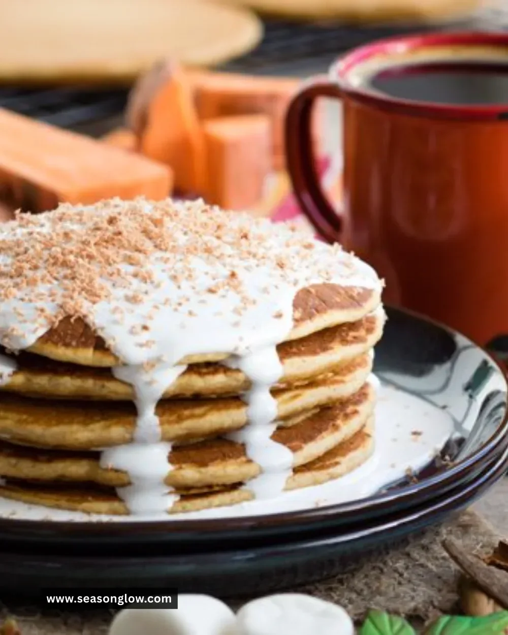 Delicious easy sweet potato pancakes stacked on a plate with syrup