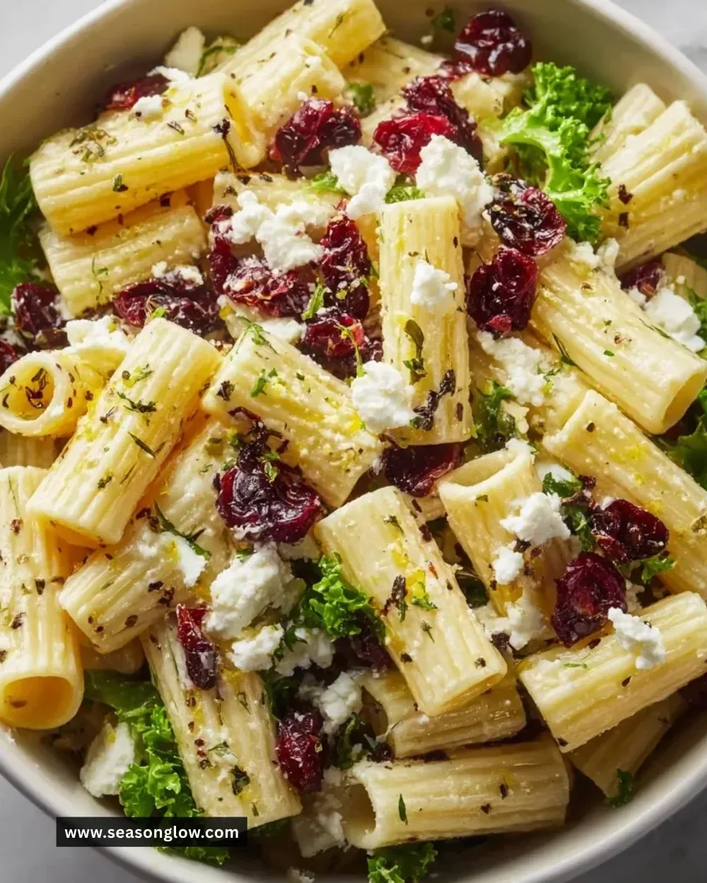 Feta and cranberry rigatoni salad in a bowl