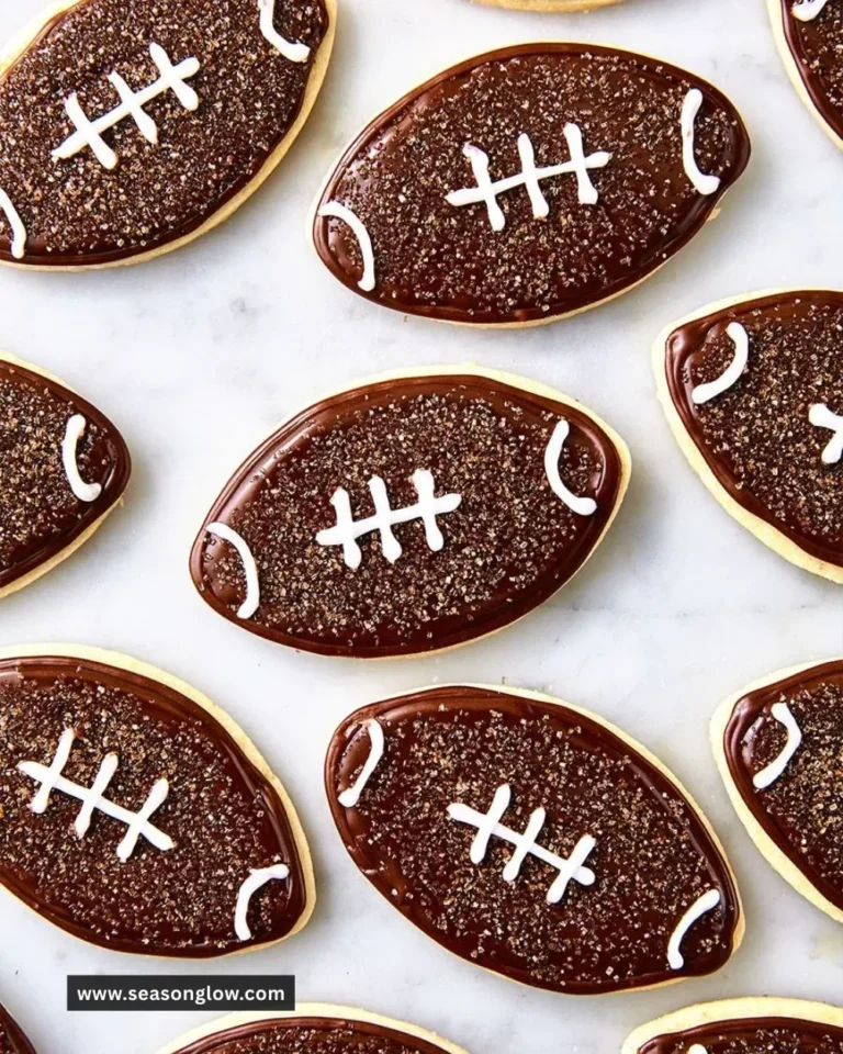 A plate of football-shaped cookies decorated for a game day celebration.