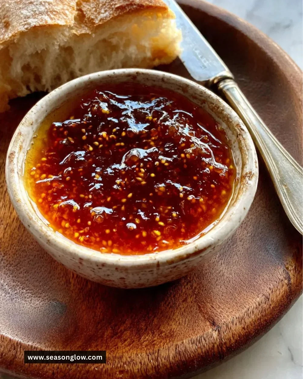 A jar of homemade fresh fig jam with fresh figs and bread slices on a wooden table.