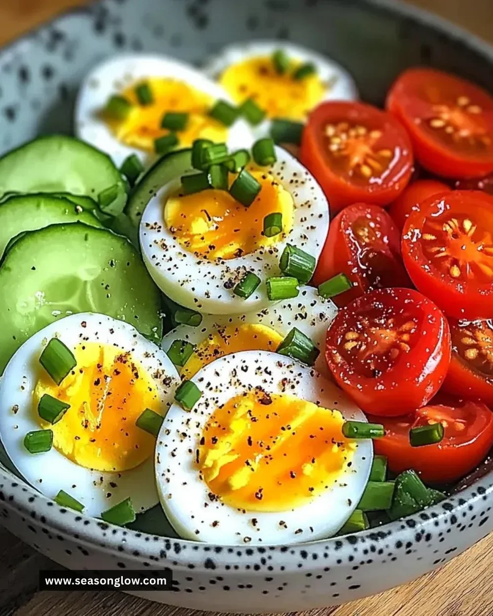 Colorful Garden Egg Bowl with cucumber and cherry tomatoes garnish