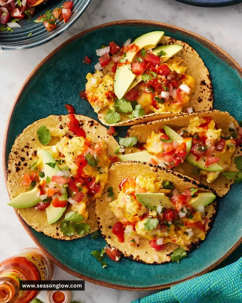 Healthy breakfast tacos with fresh ingredients and toppings