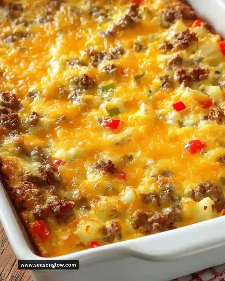 Delicious homemade breakfast casserole with eggs, cheese, and vegetables.
