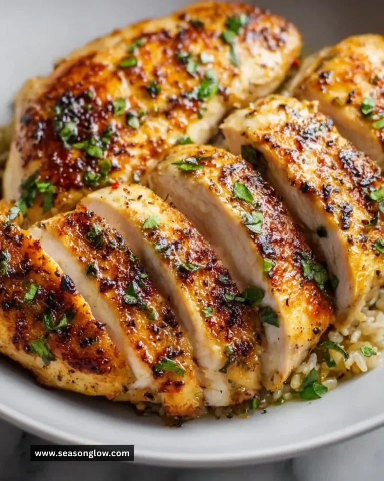 Pan seared chicken breasts garnished and ready to serve.