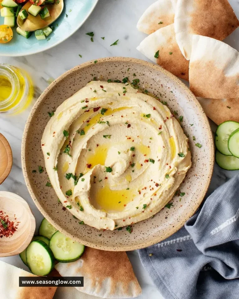 A bowl of creamy hummus garnished with olive oil and fresh herbs.