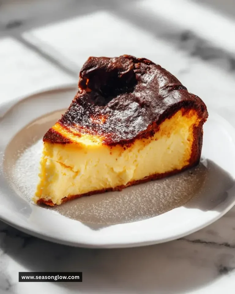 A slice of indulgent burnt Basque cheesecake on a plate