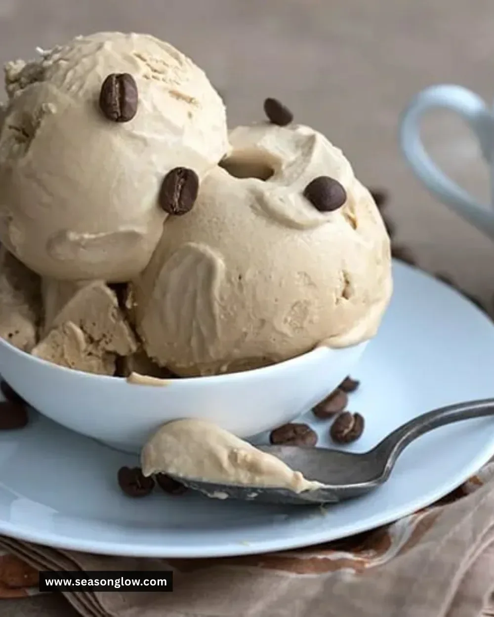 Delicious no-churn Keto Coffee Ice Cream in a bowl with chocolate garnish