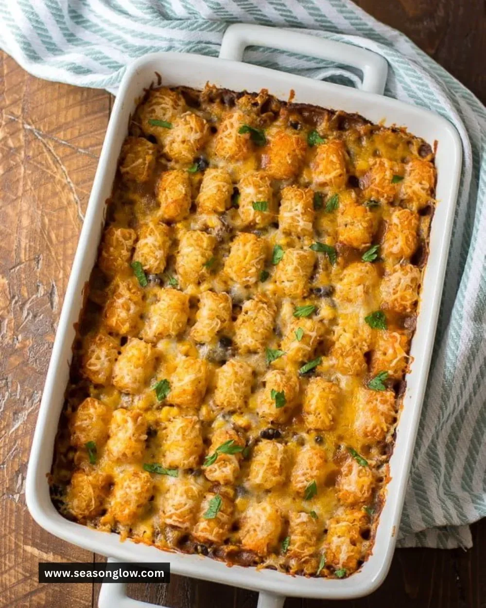 Delicious Mexican Tater Tot Casserole loaded with flavor and topped with crispy tots.