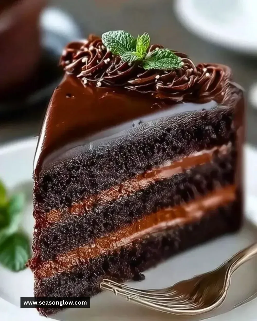 Decadent Midnight Fudge Cake topped with chocolate ganache.