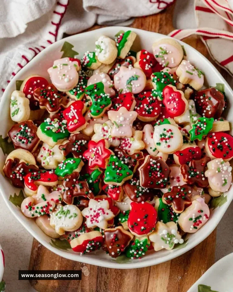 A variety of colorful mini Christmas cookies on a festive table.