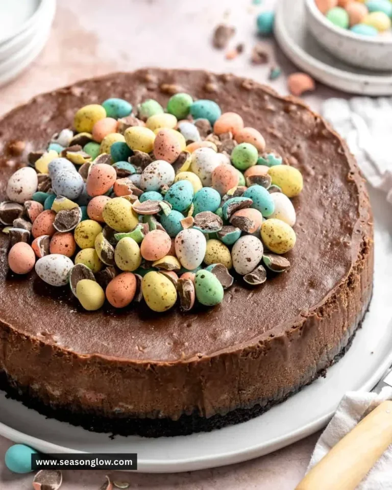 Mini Egg Easter Cheesecake topped with chocolate eggs for a festive dessert