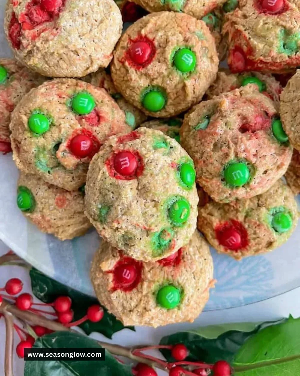 Plate of Mini M&M Christmas Cookies decorated for the holiday season