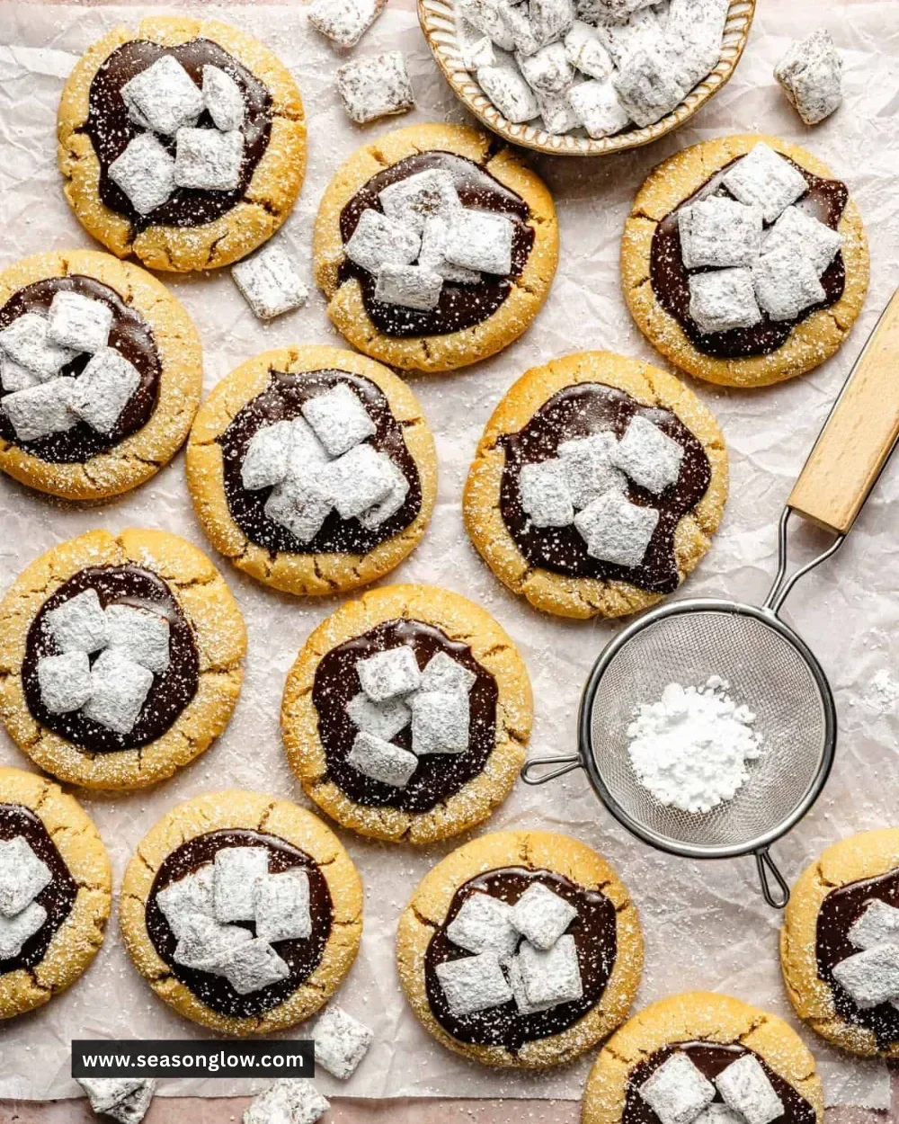 Delicious Muddy Buddy Cookies with chocolate and peanut butter flavors