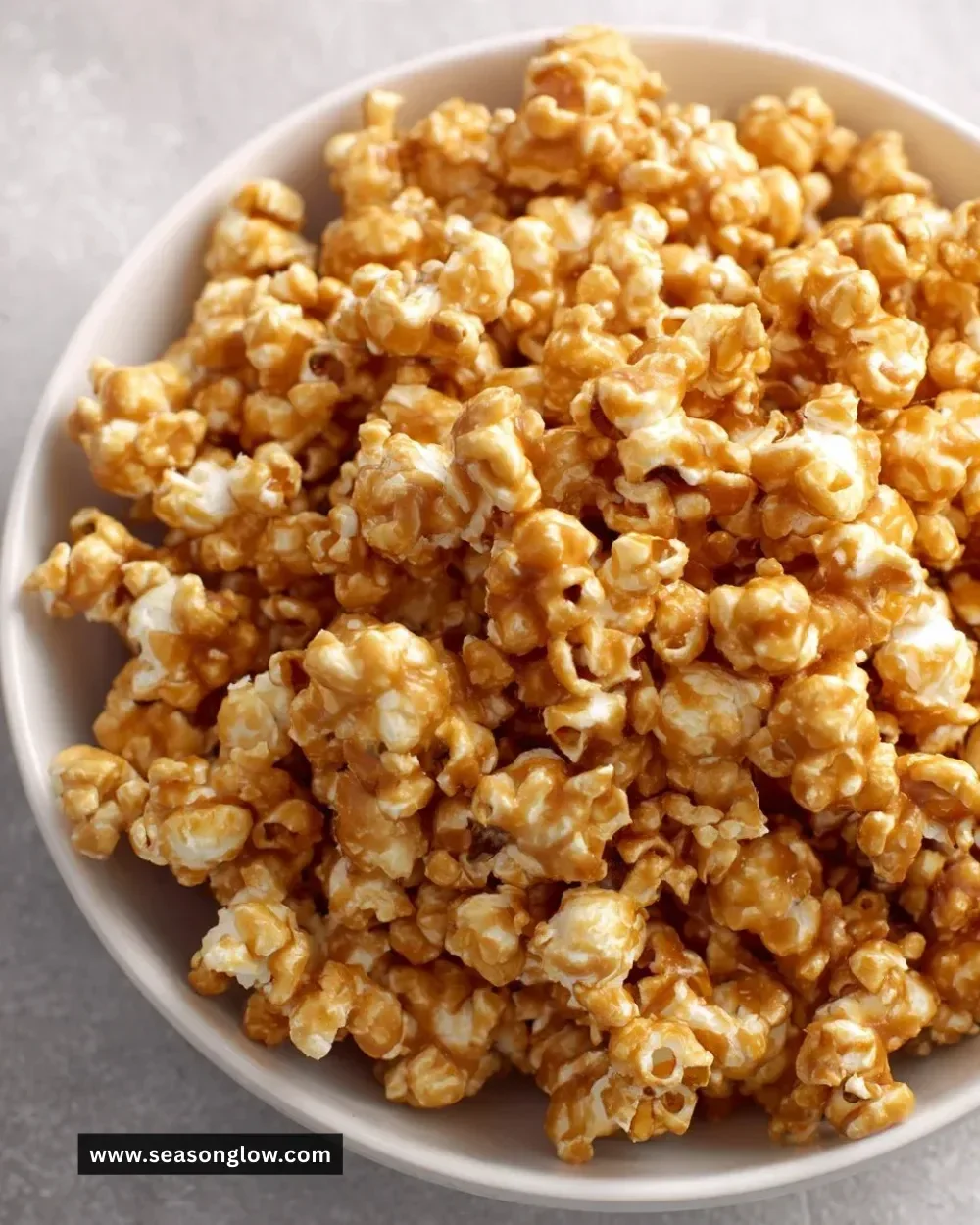 Delicious bowl of homemade caramel corn inspired by my Amish friend's recipe.