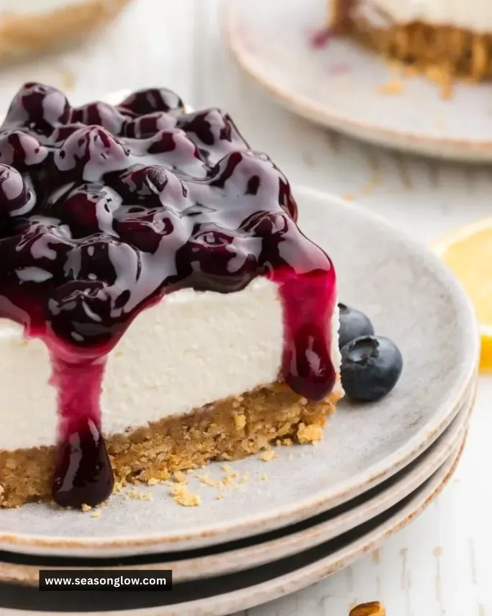 Delicious no bake blueberry cheesecake with fresh blueberries on top