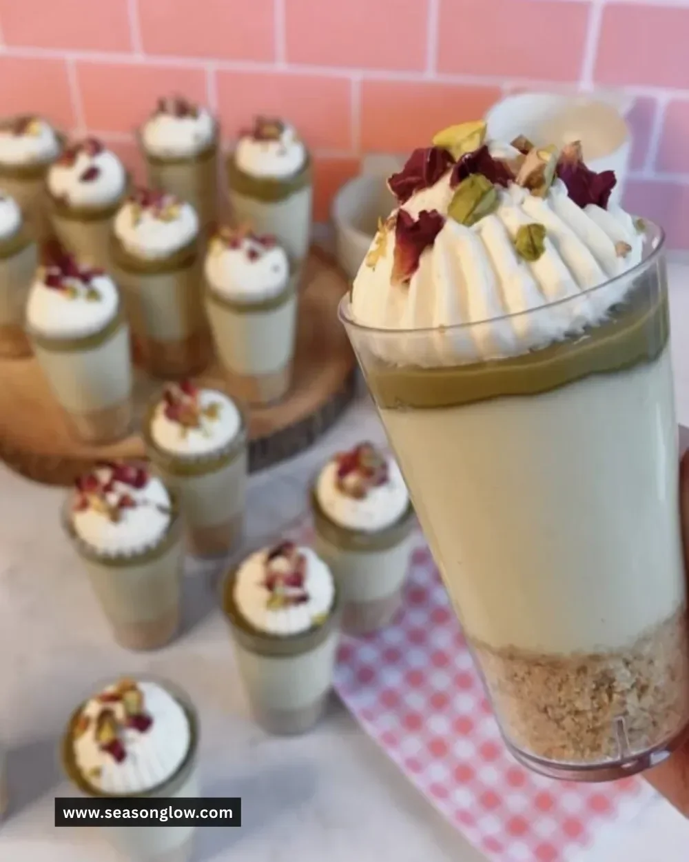 No-Bake Pistachio Cheesecake Cups topped with crushed pistachios