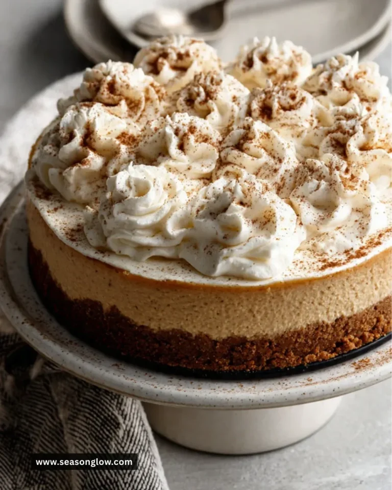 Creamy no-bake pumpkin cheesecake garnished with whipped cream and spices.