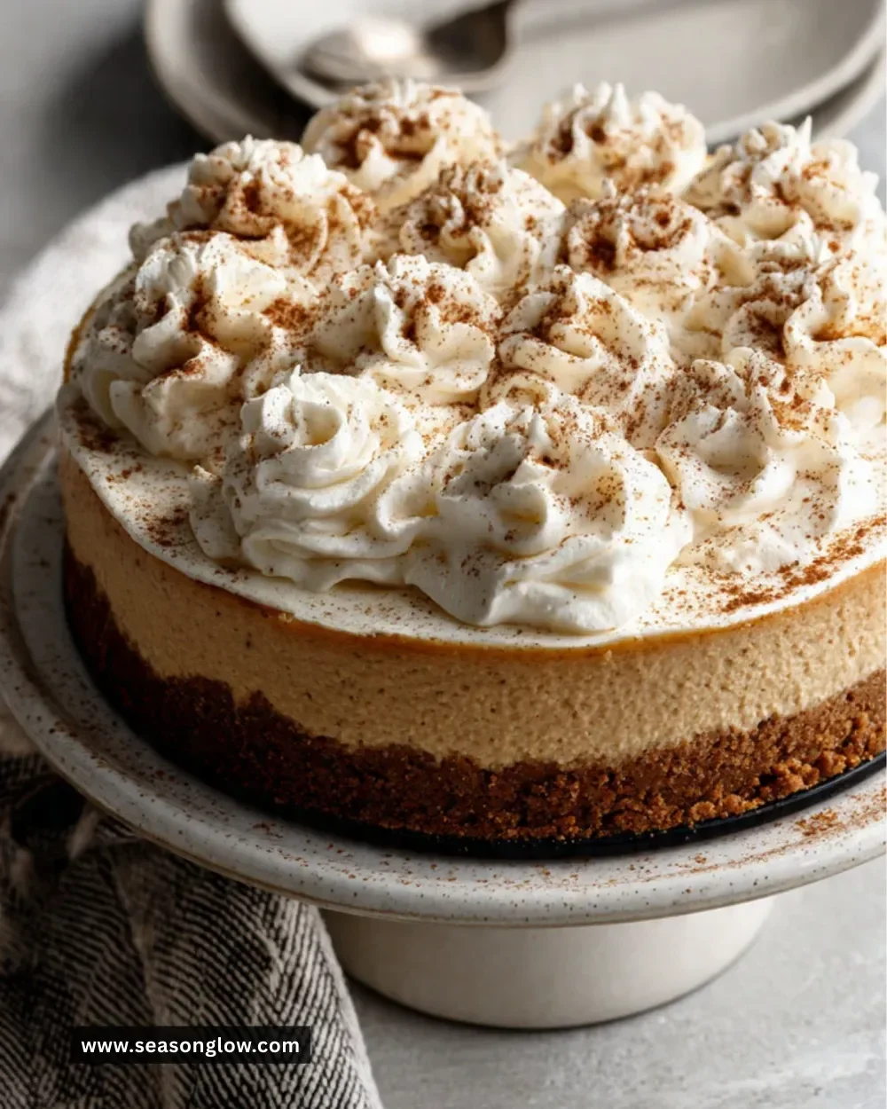 Creamy no-bake pumpkin cheesecake garnished with whipped cream and spices.