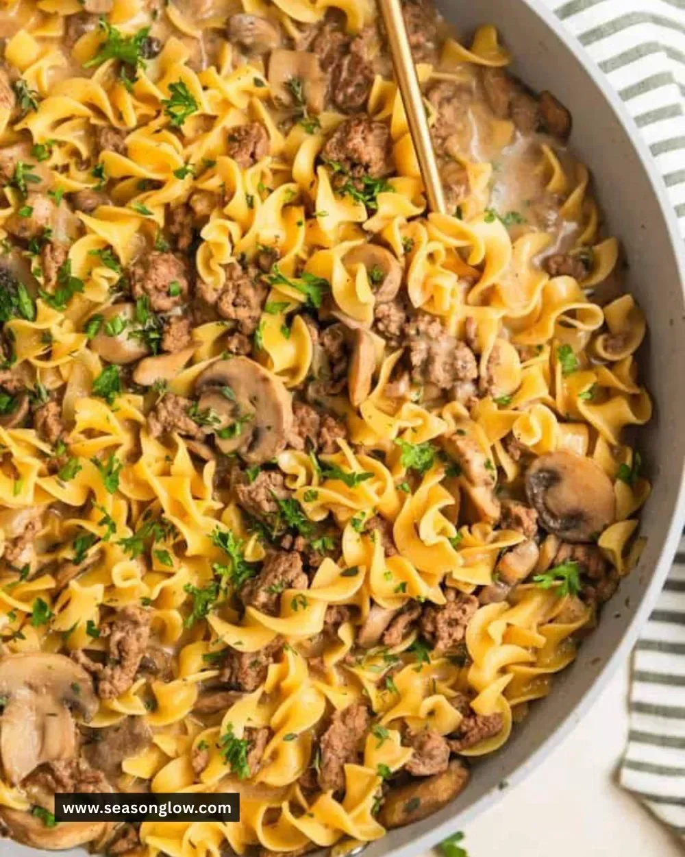 One-Pot Beef Stroganoff served in a skillet with noodles and beef slices