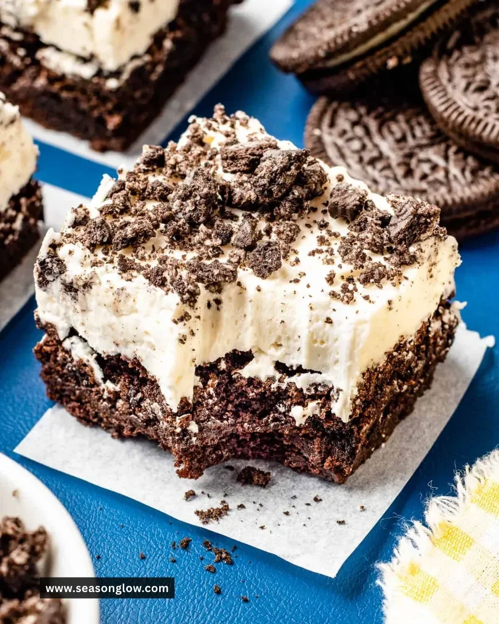 Delicious Oreo brownies topped with crushed Oreo cookies