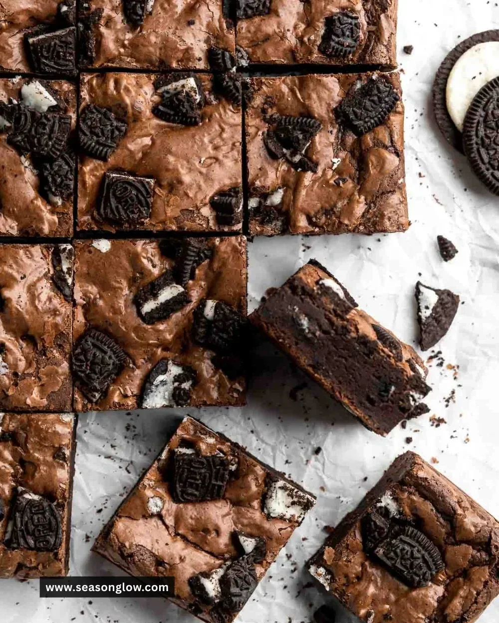 Delicious homemade Oreo Brownies topped with Oreo cookie pieces