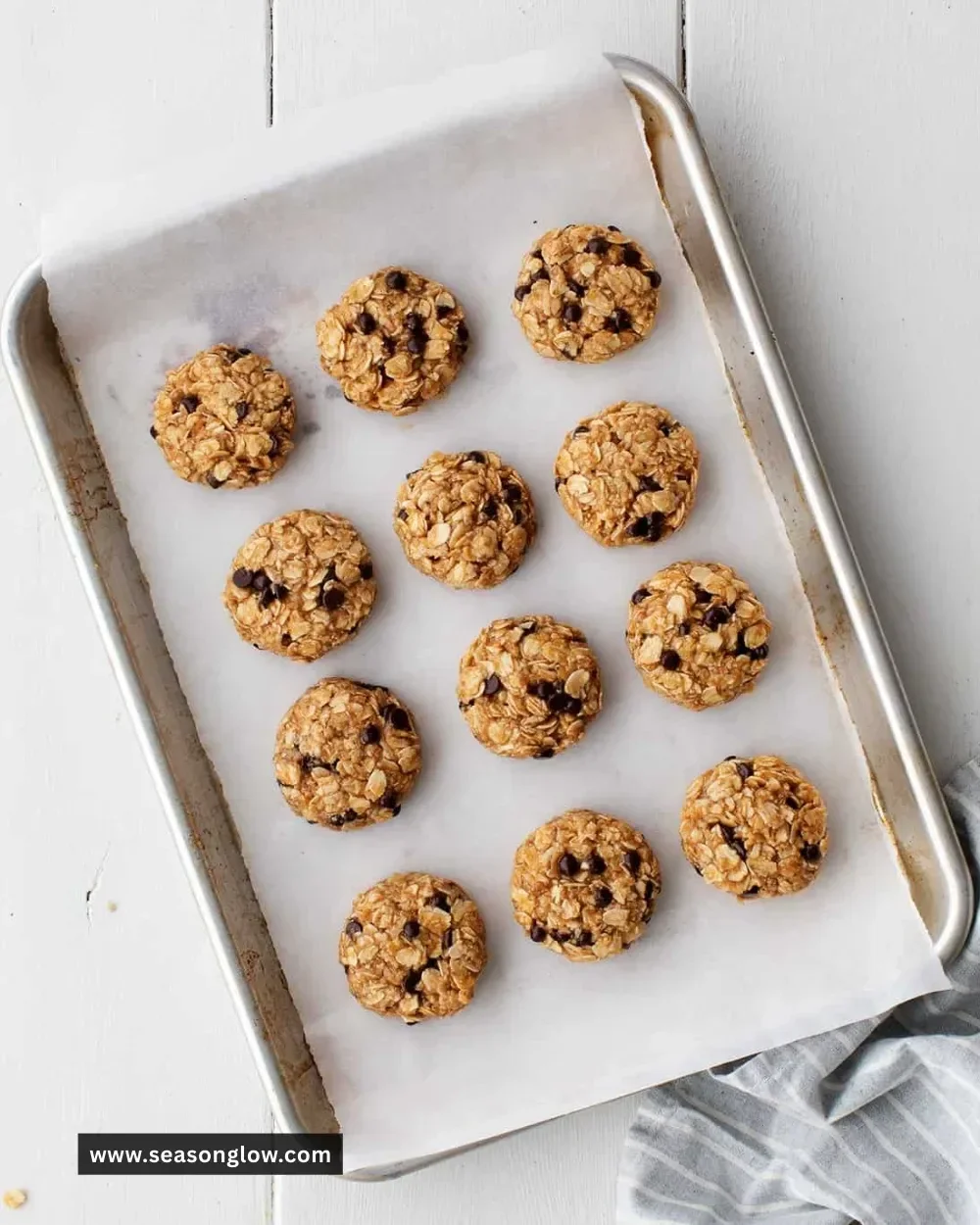 Peanut Butter No-Bake Cookies on a table with chocolate chips